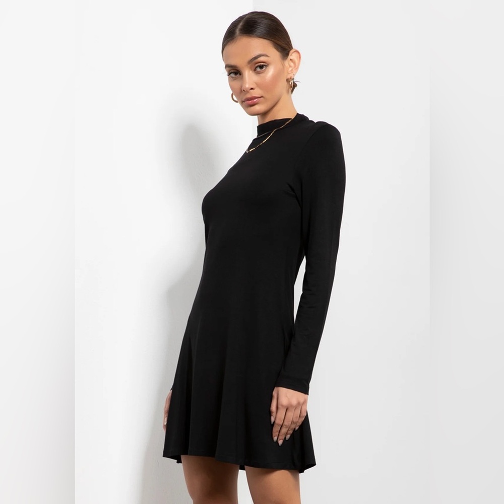 Soft Black Ribbed Long Sleeve Mini Dress with Turtleneck Neckline